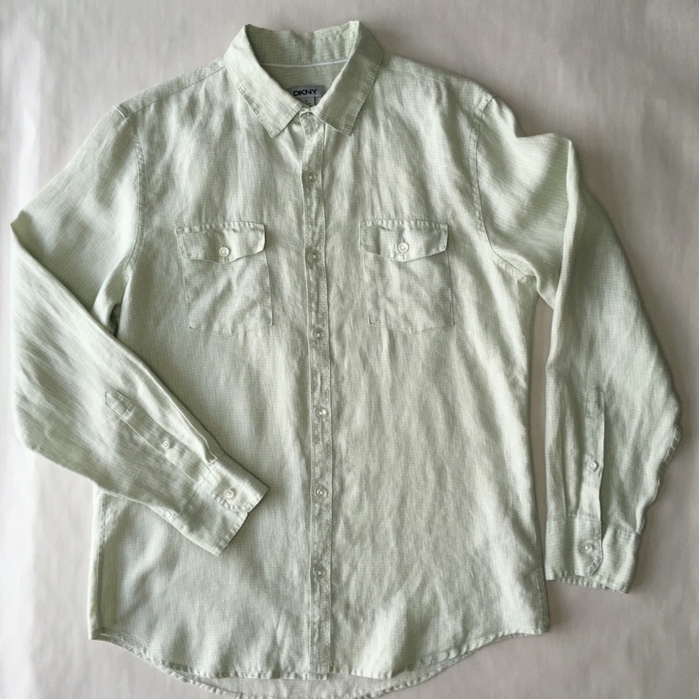 DKNY 100% Linen Mint Green Patterned Button Down